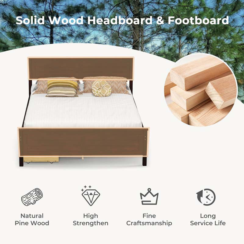 Twin/Full Size Solid Wood Platform Bed Frame with 2 Storage Drawers & Headboard, Wooden Slats Support Mattress Foundation