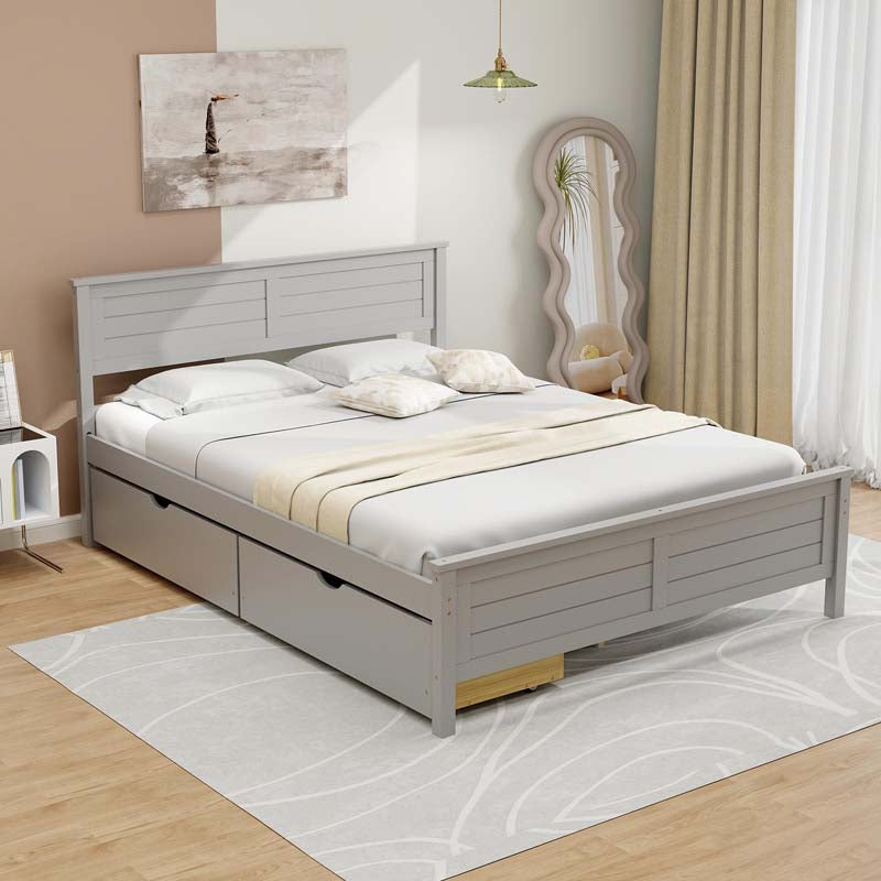 Twin/Full Size Solid Wood Platform Bed Frame with 2 Storage Drawers & Headboard, Wooden Slats Support Mattress Foundation
