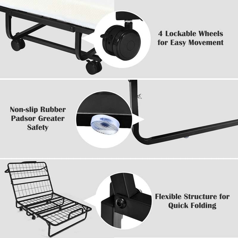75" x 38" Rollaway Folding Bed with 4" Memory Foam Mattress, Twin Size Portable Guest Bed with Wheels