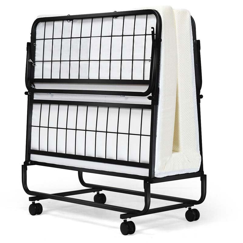 75" x 38" Rollaway Folding Bed with 4" Memory Foam Mattress, Twin Size Portable Guest Bed with Wheels