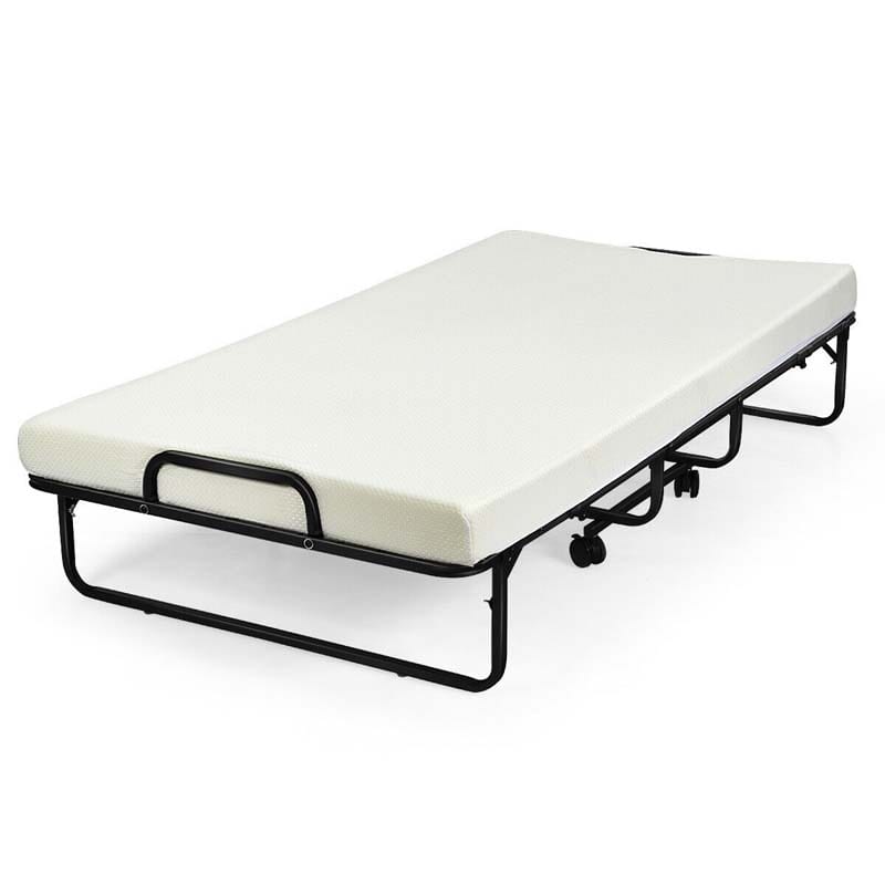 75" x 38" Rollaway Folding Bed with 4" Memory Foam Mattress, Twin Size Portable Guest Bed with Wheels