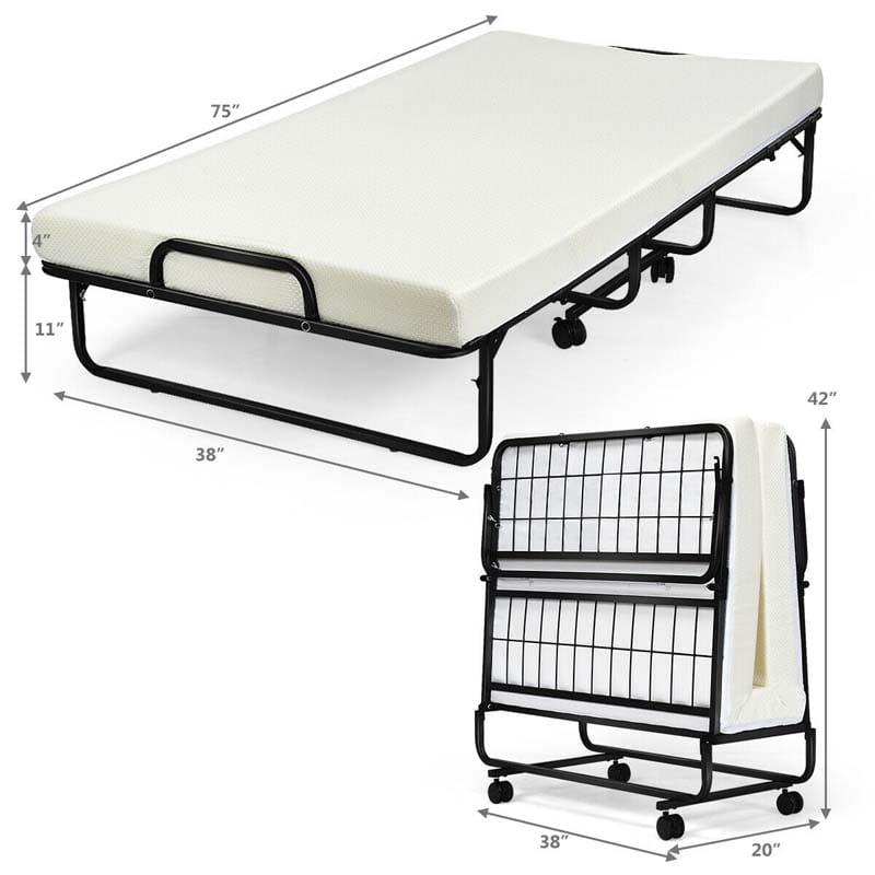 75" x 38" Rollaway Folding Bed with 4" Memory Foam Mattress, Twin Size Portable Guest Bed with Wheels