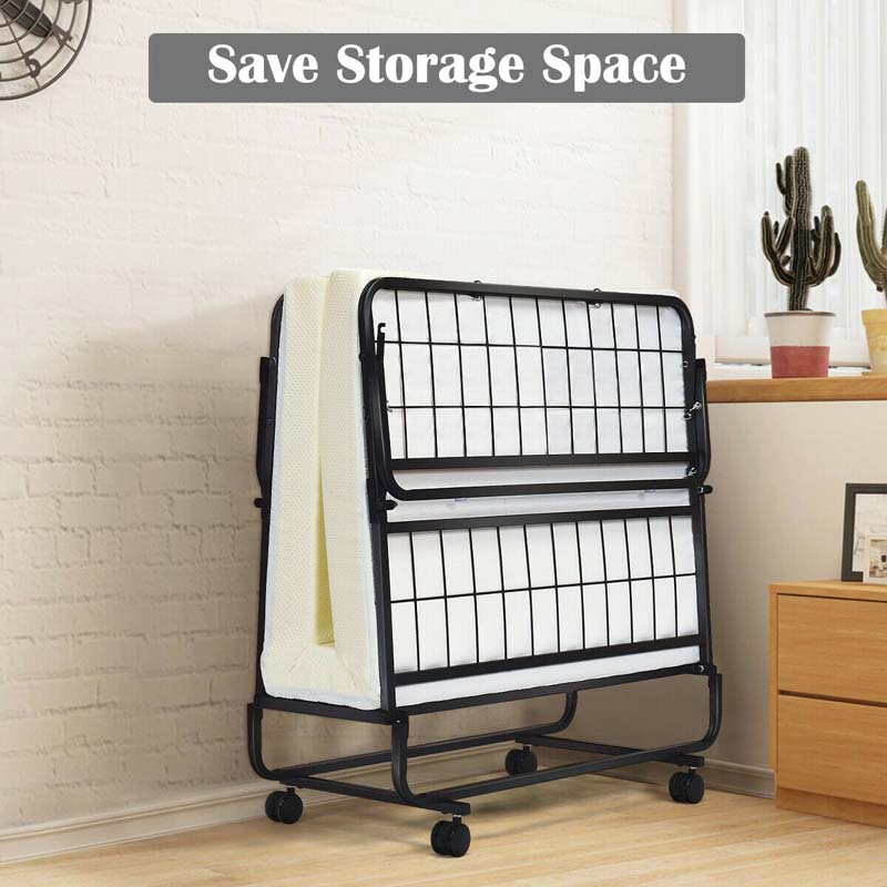 75" x 38" Rollaway Folding Bed with 4" Memory Foam Mattress, Twin Size Portable Guest Bed with Wheels