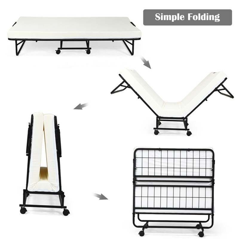 75" x 38" Rollaway Folding Bed with 4" Memory Foam Mattress, Twin Size Portable Guest Bed with Wheels