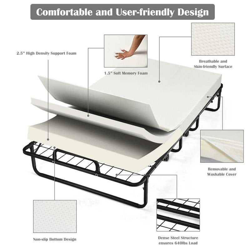 75" x 38" Rollaway Folding Bed with 4" Memory Foam Mattress, Twin Size Portable Guest Bed with Wheels