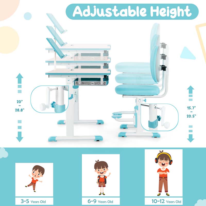 Height-Adjustable Kids Study Desk Chair Set, Tiltable Student Writing Table & Chair Set with Book Stand, Footrest