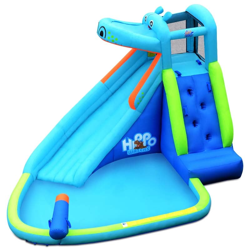 5-in-1 Hippo Theme Inflatable Water Slide, Bounce House Water Park with Slide, Splash Pool, Climbing, Water Cannon & 740W Blower for Kids Backyard Fun