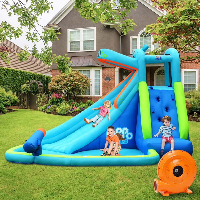 5-in-1 Hippo Theme Inflatable Water Slide, Bounce House Water Park with Slide, Splash Pool, Climbing, Water Cannon & 740W Blower for Kids Backyard Fun