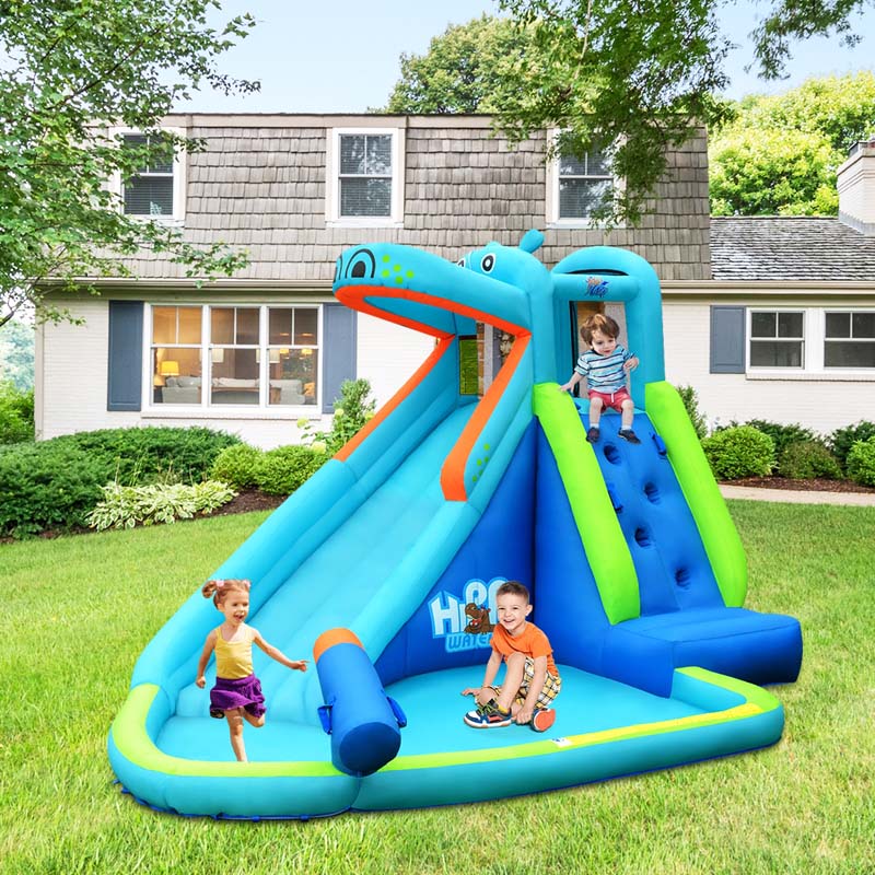 5-in-1 Hippo Theme Inflatable Water Slide, Bounce House Water Park with Slide, Splash Pool, Climbing, Water Cannon & 740W Blower for Kids Backyard Fun