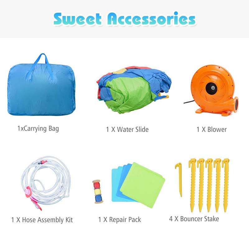 5-in-1 Hippo Theme Inflatable Water Slide, Bounce House Water Park with Slide, Splash Pool, Climbing, Water Cannon & 740W Blower for Kids Backyard Fun