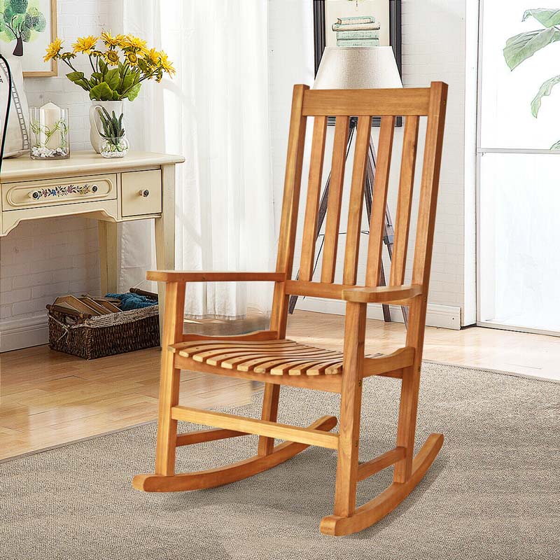 Acacia Wood Rocking Chair High Back Outdoor Rocker for Porch Patio Lawn