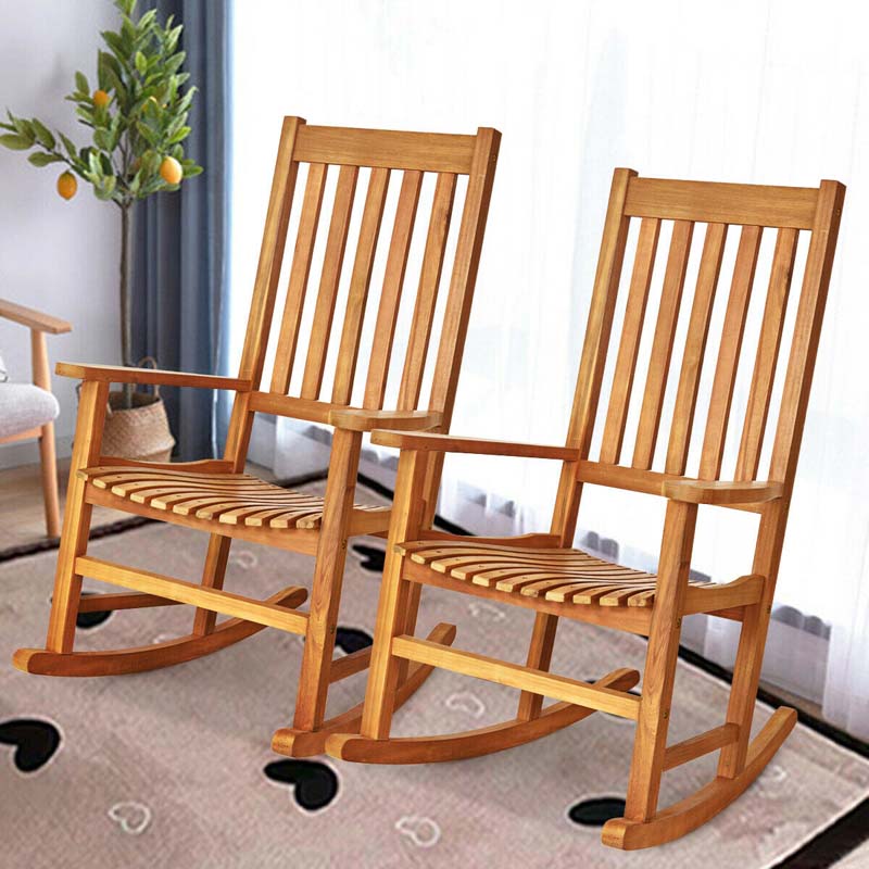 Acacia Wood Rocking Chair High Back Outdoor Rocker for Porch Patio Lawn