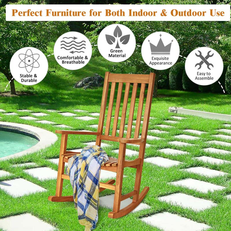 Acacia Wood Rocking Chair High Back Outdoor Rocker for Porch Patio Lawn
