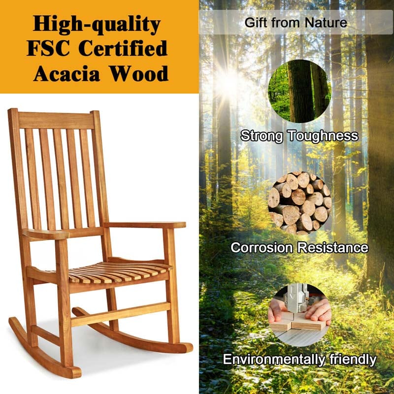 Acacia Wood Rocking Chair High Back Outdoor Rocker for Porch Patio Lawn