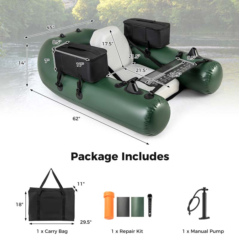 Inflatable Fishing Float Tube w/2 Large Storage Pockets, Angling Base & 20" Fish Ruler, 4 Motor Buckles, Loading Capacity 220 lbs