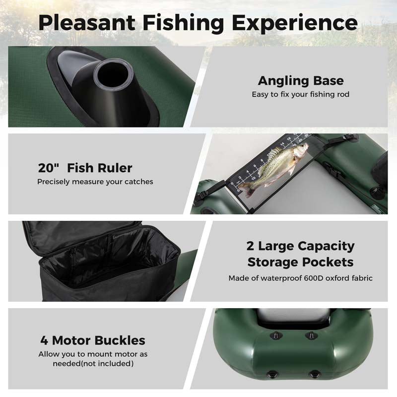 Inflatable Fishing Float Tube w/2 Large Storage Pockets, Angling Base & 20" Fish Ruler, 4 Motor Buckles, Loading Capacity 220 lbs