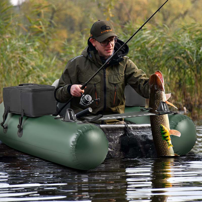 Inflatable Fishing Float Tube w/2 Large Storage Pockets, Angling Base & 20" Fish Ruler, 4 Motor Buckles, Loading Capacity 220 lbs