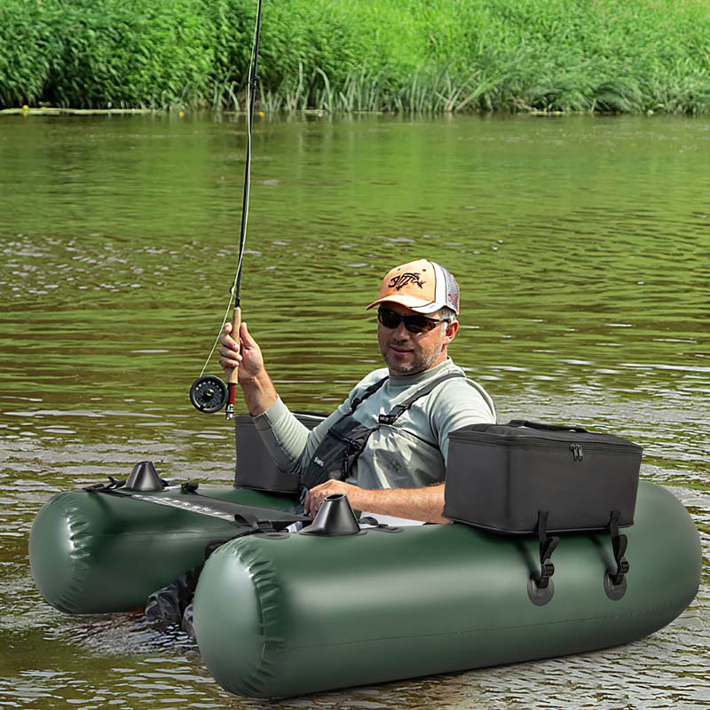 Inflatable Fishing Float Tube w/2 Large Storage Pockets, Angling Base & 20" Fish Ruler, 4 Motor Buckles, Loading Capacity 220 lbs