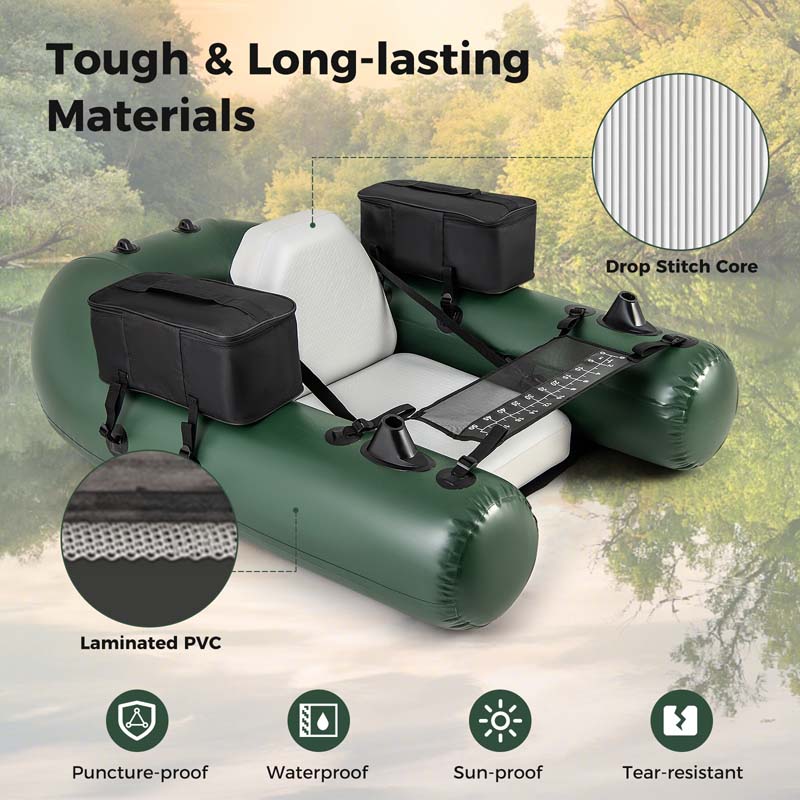 Inflatable Fishing Float Tube w/2 Large Storage Pockets, Angling Base & 20" Fish Ruler, 4 Motor Buckles, Loading Capacity 220 lbs