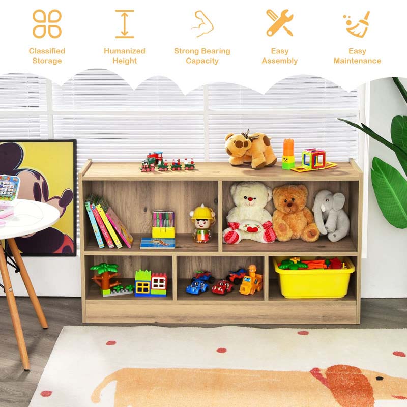 2-Shelf Kids Bookcase 5-Cube Wood Toy Storage Cabinet Organizer for Classroom, Playroom, Nursery, Kindergarten