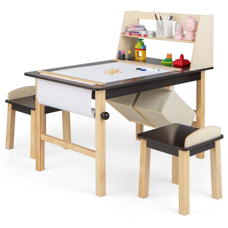 Kids Art Table and Chair Set with Paper Roll, 2 Storage Bins, Kids Activity Play Table Set Wooden Drawing Painting Craft Center