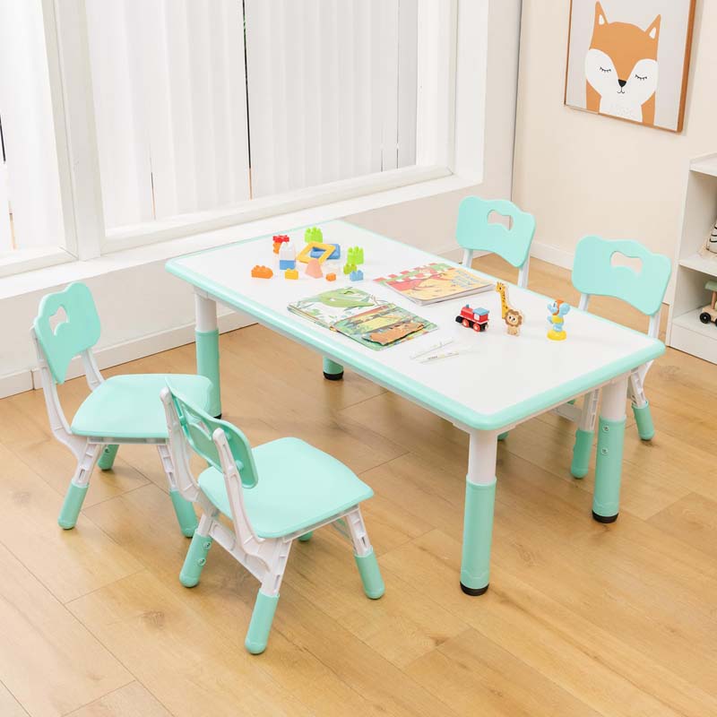 Height Adjustable Kids Table and Chairs Set of 4, Children Play Table with Graffiti Desktop, Toddler Art Study Multi-Activity Table Set for Daycare Playroom