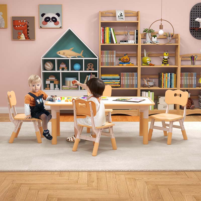 Height Adjustable Kids Table and Chairs Set of 4, Children Play Table with Graffiti Desktop, Toddler Art Study Multi-Activity Table Set for Daycare Playroom