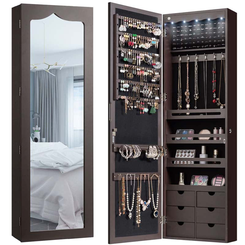 5 LEDs Mirror Jewelry Armoire Wall Door Mounted, Lockable Jewelry Organizer Cabinet with 6 Drawers and Full Length Mirror