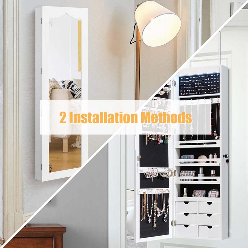 5 LEDs Mirror Jewelry Armoire Wall Door Mounted, Lockable Jewelry Organizer Cabinet with 6 Drawers and Full Length Mirror