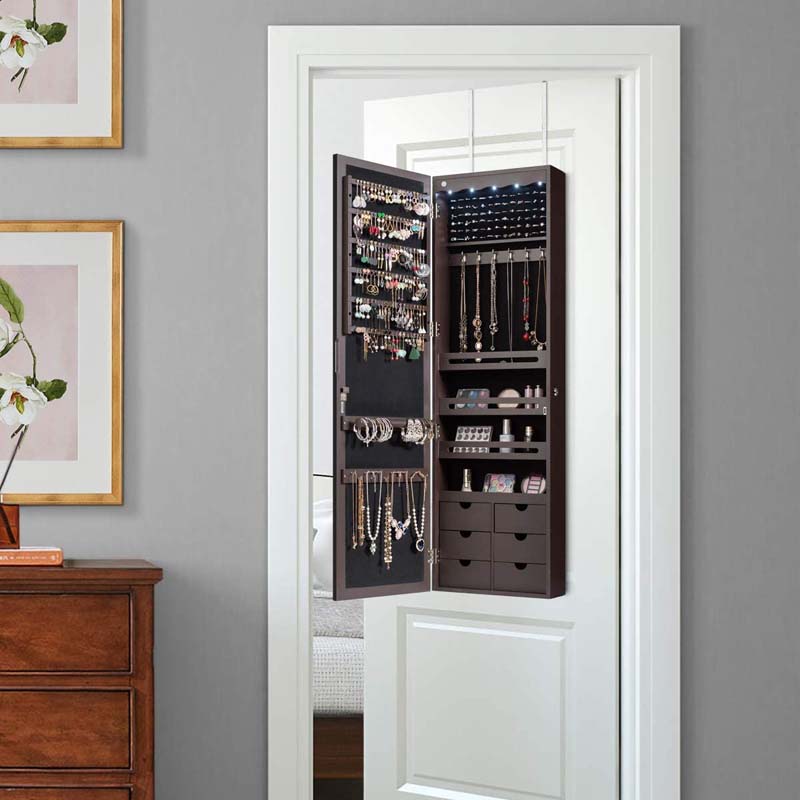 5 LEDs Mirror Jewelry Armoire Wall Door Mounted, Lockable Jewelry Organizer Cabinet with 6 Drawers and Full Length Mirror