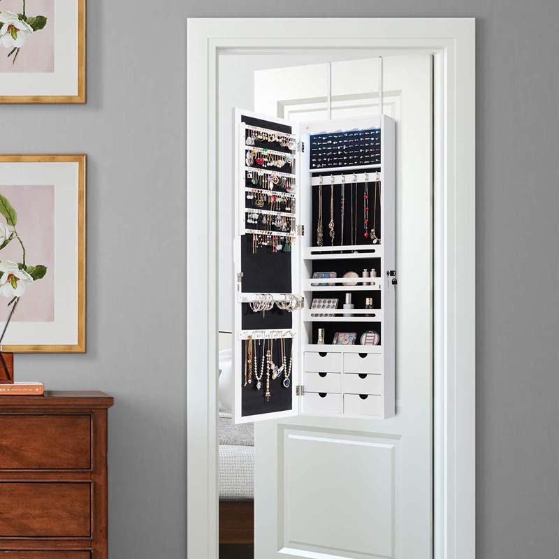 5 LEDs Mirror Jewelry Armoire Wall Door Mounted, Lockable Jewelry Organizer Cabinet with 6 Drawers and Full Length Mirror
