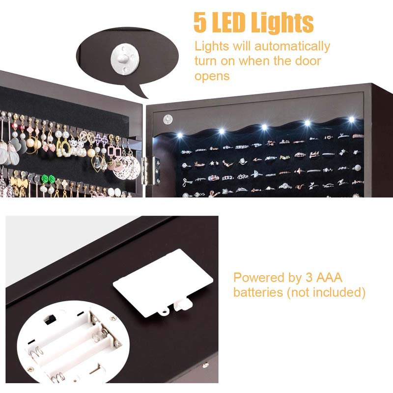 5 LEDs Mirror Jewelry Armoire Wall Door Mounted, Lockable Jewelry Organizer Cabinet with 6 Drawers and Full Length Mirror