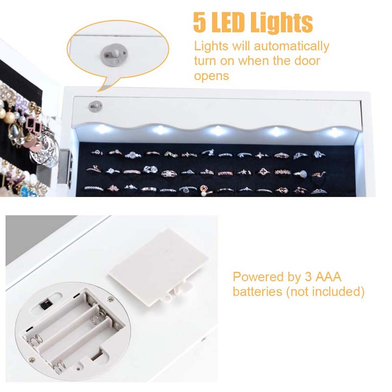 5 LEDs Mirror Jewelry Armoire Wall Door Mounted, Lockable Jewelry Organizer Cabinet with 6 Drawers and Full Length Mirror