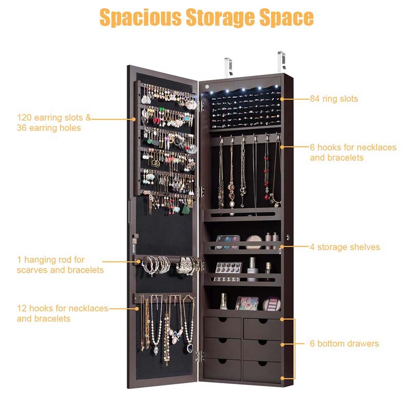 5 LEDs Mirror Jewelry Armoire Wall Door Mounted, Lockable Jewelry Organizer Cabinet with 6 Drawers and Full Length Mirror