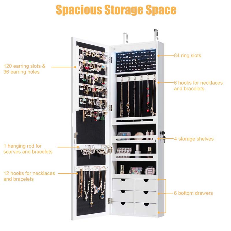 5 LEDs Mirror Jewelry Armoire Wall Door Mounted, Lockable Jewelry Organizer Cabinet with 6 Drawers and Full Length Mirror