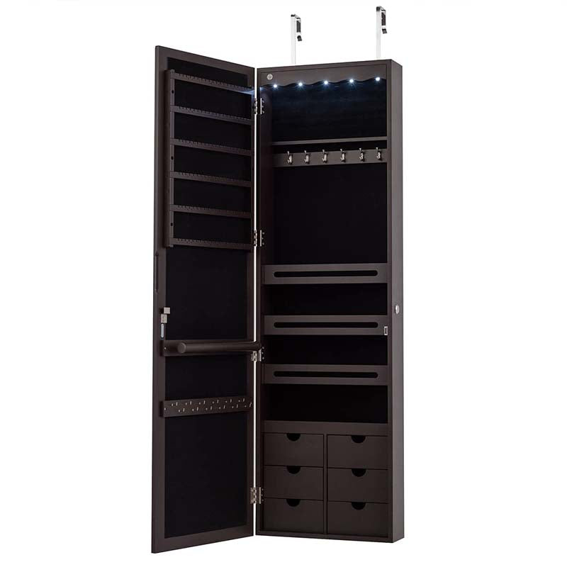 5 LEDs Mirror Jewelry Armoire Wall Door Mounted, Lockable Jewelry Organizer Cabinet with 6 Drawers and Full Length Mirror