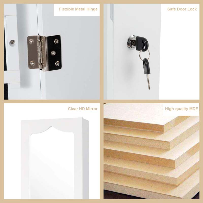 5 LEDs Mirror Jewelry Armoire Wall Door Mounted, Lockable Jewelry Organizer Cabinet with 6 Drawers and Full Length Mirror