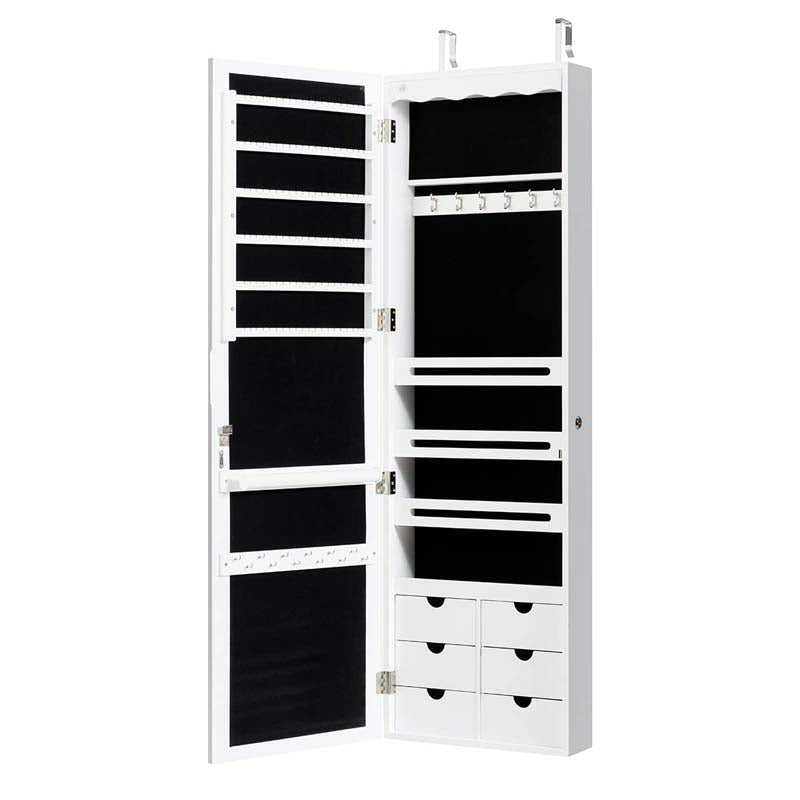 5 LEDs Mirror Jewelry Armoire Wall Door Mounted, Lockable Jewelry Organizer Cabinet with 6 Drawers and Full Length Mirror