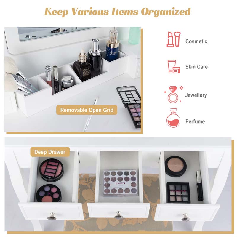 5-Drawer Makeup Table Vanity Set with Mirror & Cushioned Stool, Bedroom Dressing Table with Removable Storage Organizers