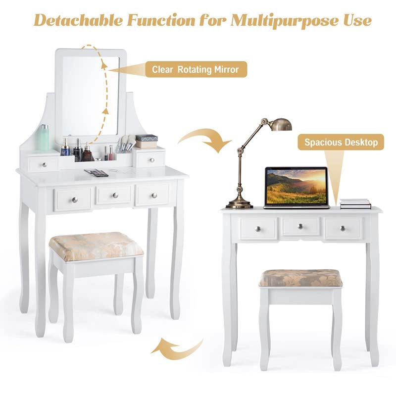 5-Drawer Makeup Table Vanity Set with Mirror & Cushioned Stool, Bedroom Dressing Table with Removable Storage Organizers