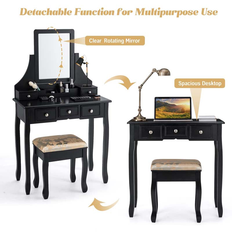 5-Drawer Makeup Table Vanity Set with Mirror & Cushioned Stool, Bedroom Dressing Table with Removable Storage Organizers