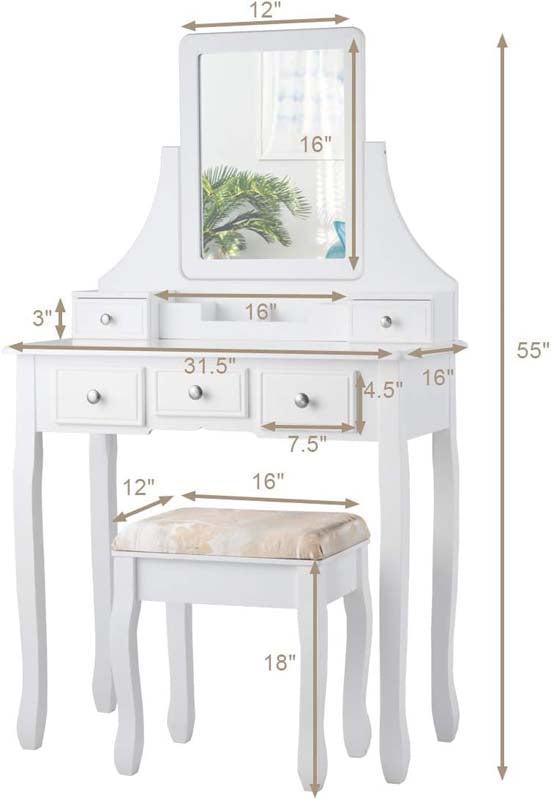 5-Drawer Makeup Table Vanity Set with Mirror & Cushioned Stool, Bedroom Dressing Table with Removable Storage Organizers