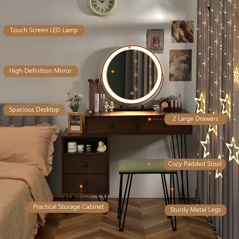 Wooden Makeup Dressing Table Bedroom Vanity Set with 3 Colors Lighted Mirror & Stool, Left or Right Side Cabinet