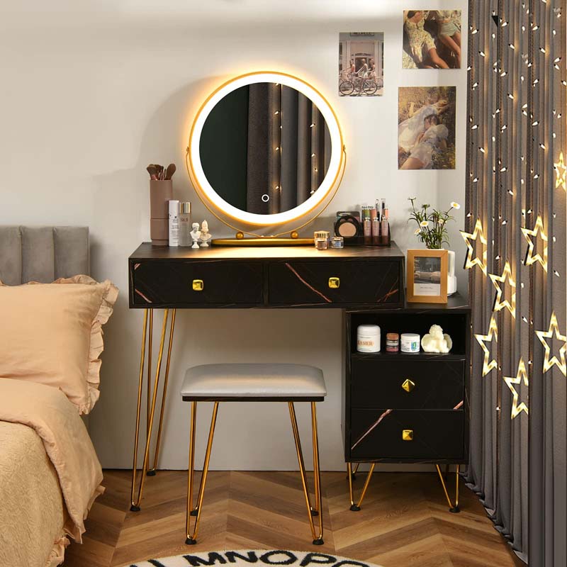 Wooden Makeup Dressing Table Bedroom Vanity Set with 3 Colors Lighted Mirror & Stool, Left or Right Side Cabinet