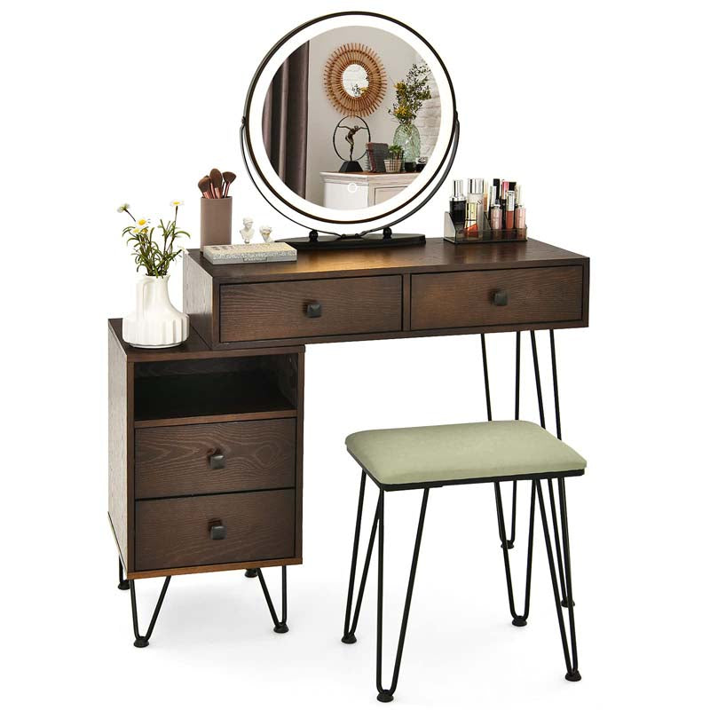 Wooden Makeup Dressing Table Bedroom Vanity Set with 3 Colors Lighted Mirror & Stool, Left or Right Side Cabinet