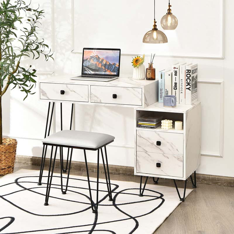 Wooden Makeup Dressing Table Bedroom Vanity Set with 3 Colors Lighted Mirror & Stool, Left or Right Side Cabinet