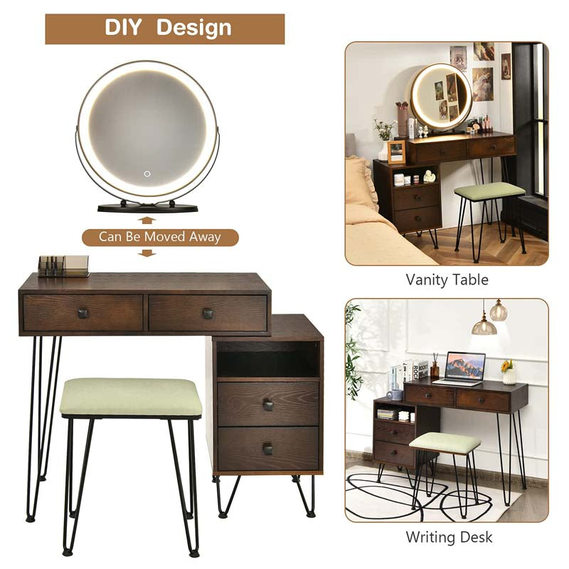 Wooden Makeup Dressing Table Bedroom Vanity Set with 3 Colors Lighted Mirror & Stool, Left or Right Side Cabinet
