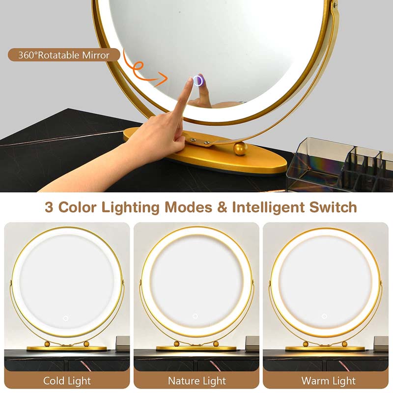 Wooden Makeup Dressing Table Bedroom Vanity Set with 3 Colors Lighted Mirror & Stool, Left or Right Side Cabinet