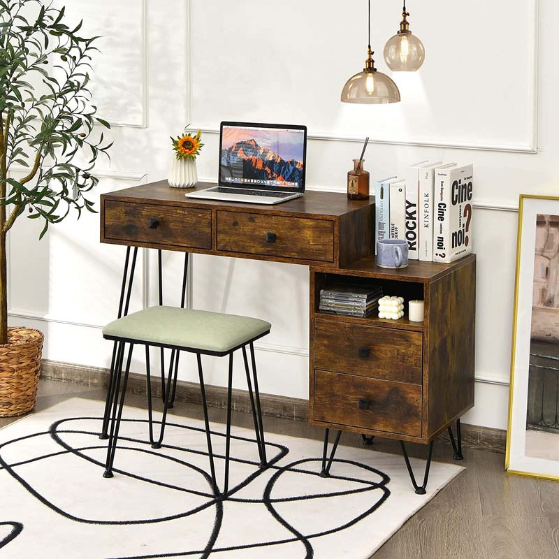Wooden Makeup Dressing Table Bedroom Vanity Set with 3 Colors Lighted Mirror & Stool, Left or Right Side Cabinet