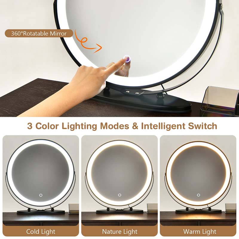 Wooden Makeup Dressing Table Bedroom Vanity Set with 3 Colors Lighted Mirror & Stool, Left or Right Side Cabinet